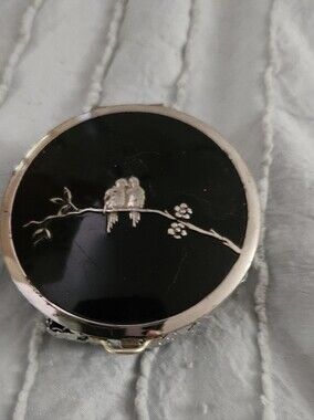 Vintage Black Enamel Compact with Silver Bird Motif